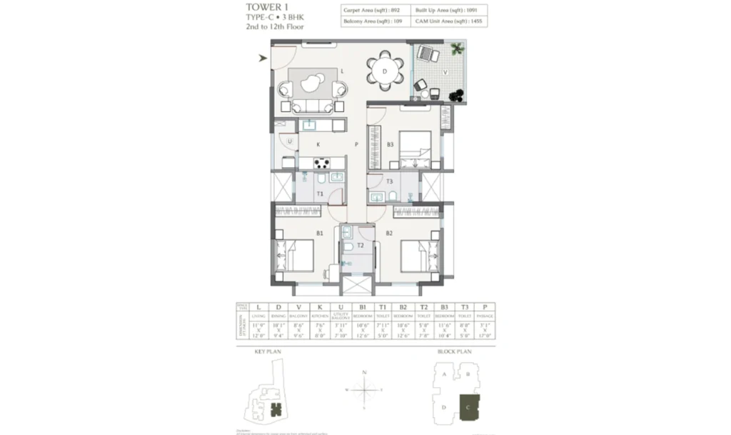 Purti Tatsam Rajarhat 3BHK Floor Plan